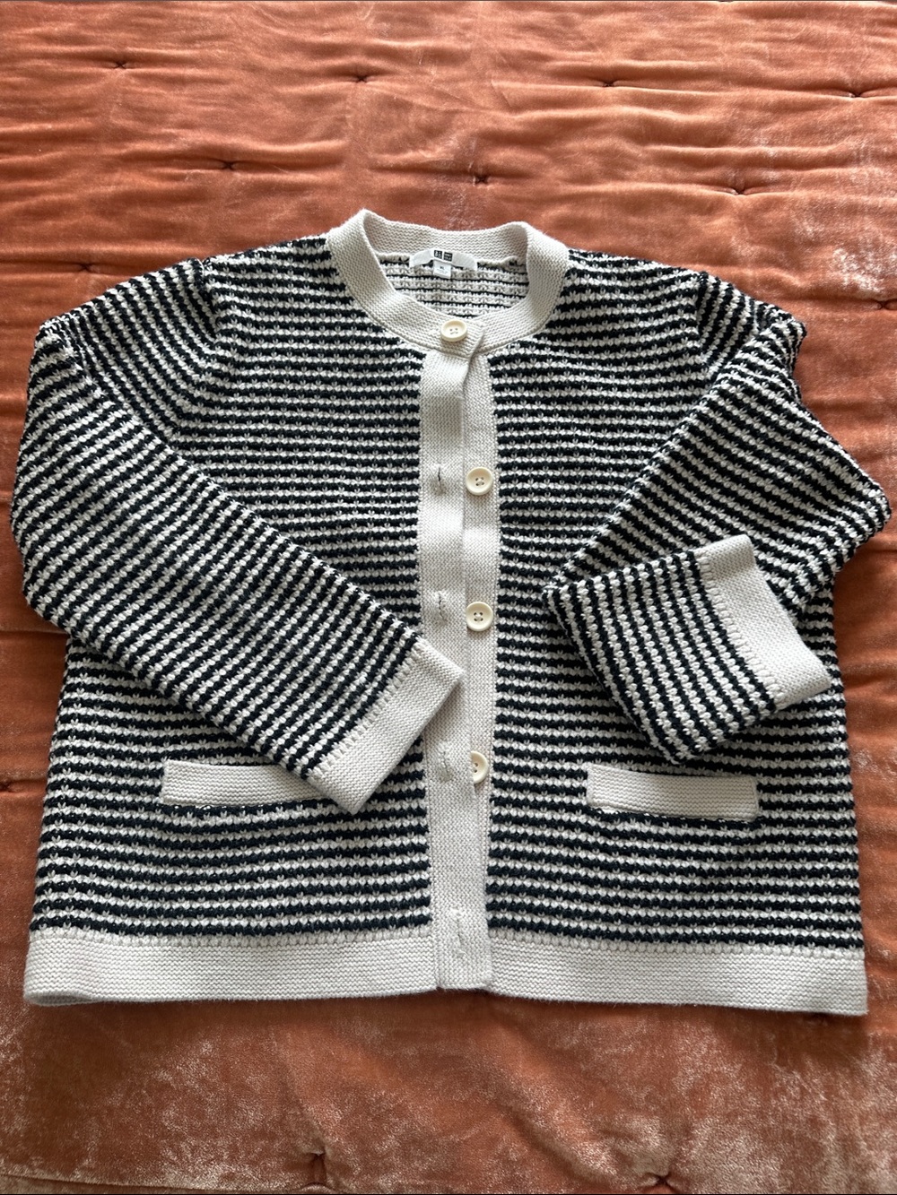 Women’s striped Knit Cardigan Jacket - navy & White